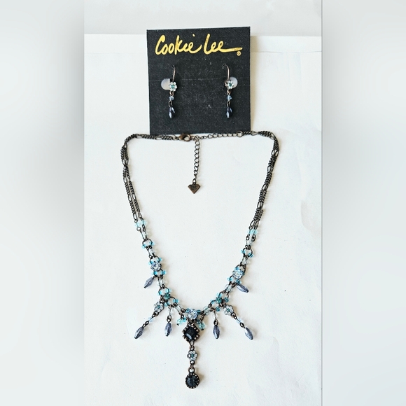 #118 Cookie Lee Blue Austrian Crystal Y Drop Necklace & Earrings In Bronze Metal - Picture 1 of 11